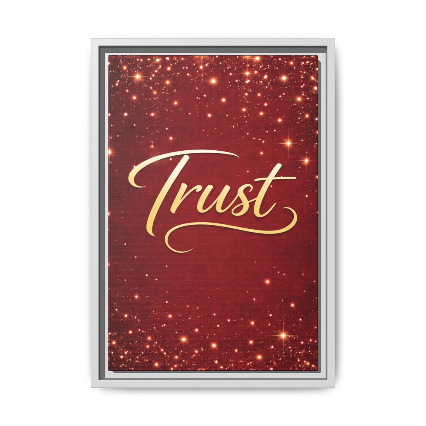 Trust Framed Canvas Wall Art — Gold Script on Sparkling Red Matte
