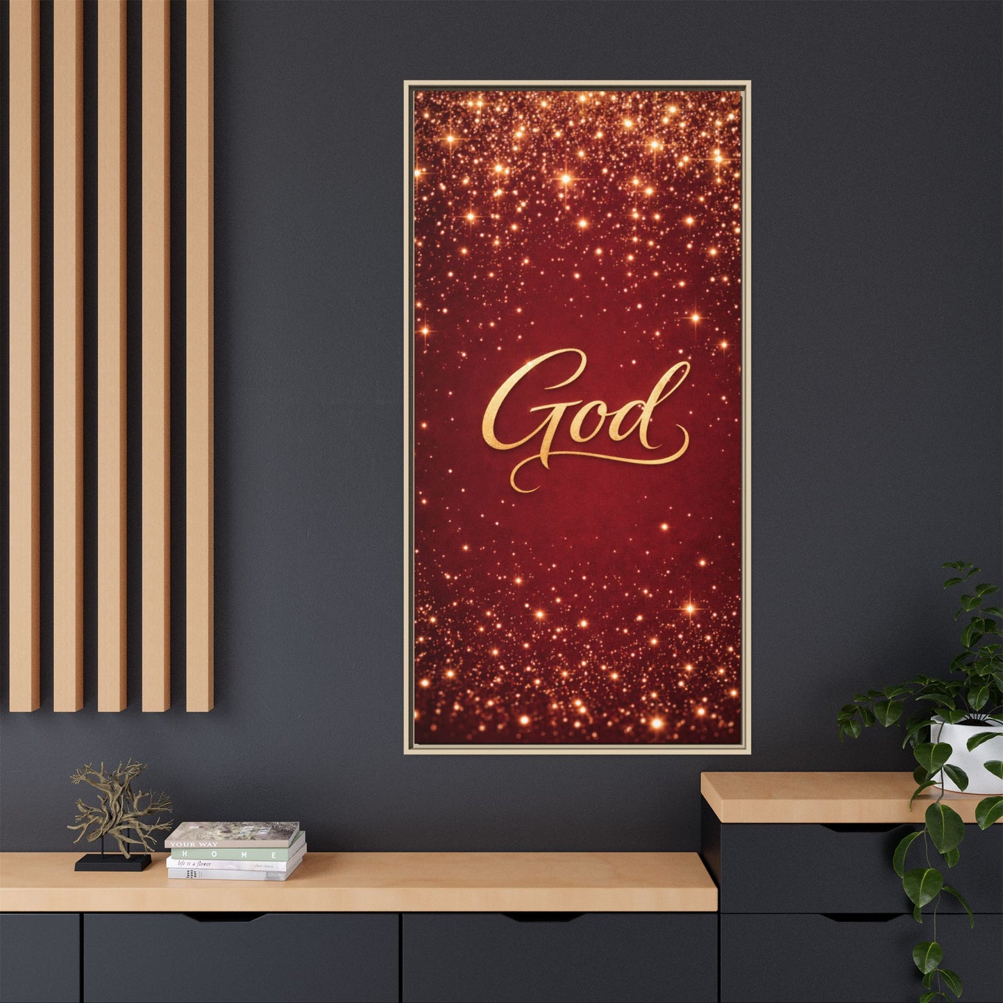 Framed Canvas Wall Art - "God" Gold Script on Red Sparkle Background