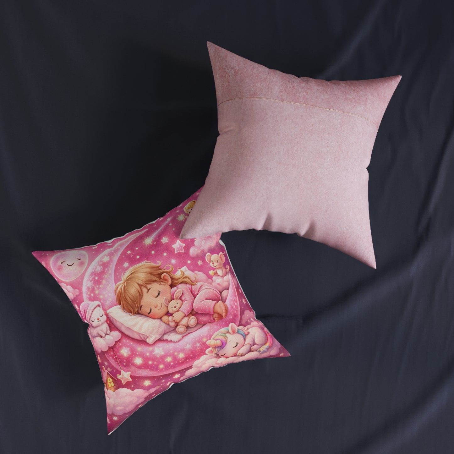 Sleeping Girl on Moon Pillow | Pink Nursery Decorative Pillow