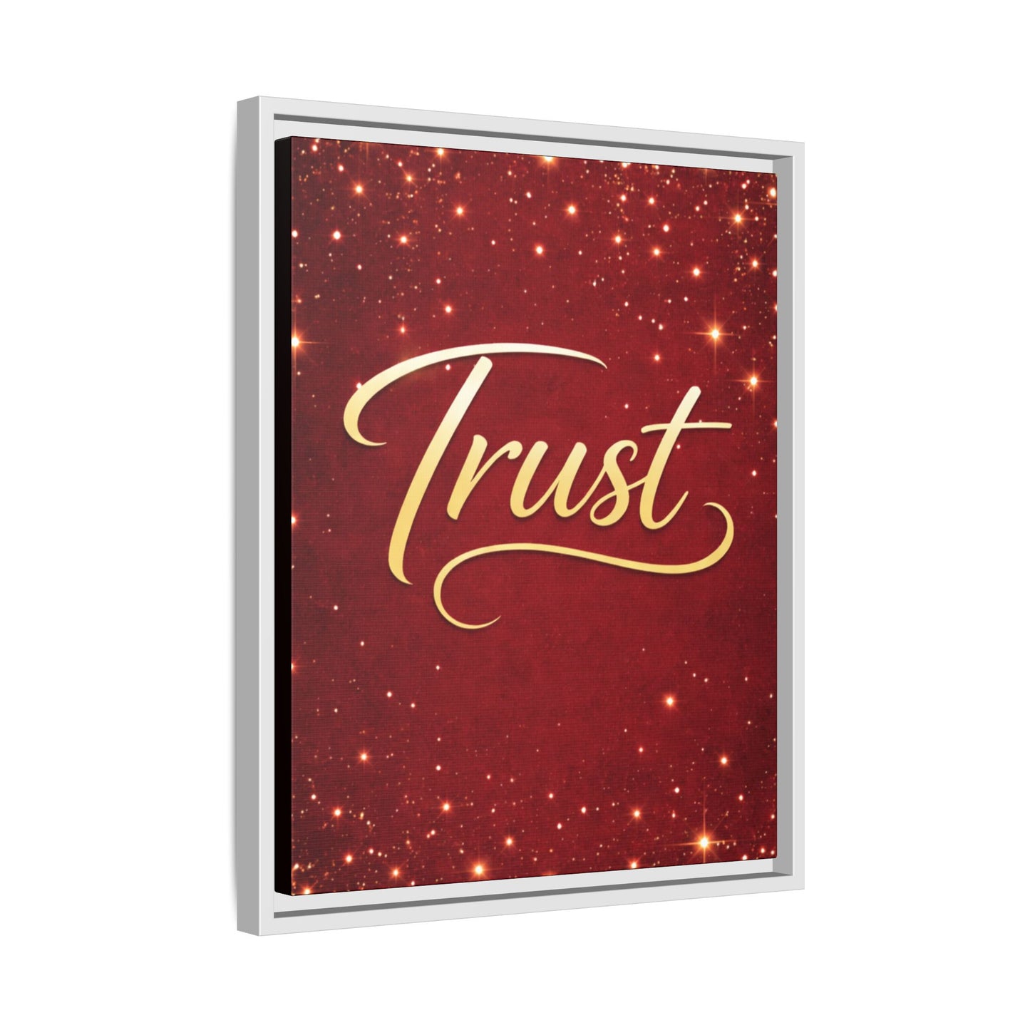 Trust Framed Canvas Wall Art — Gold Script on Sparkling Red Matte