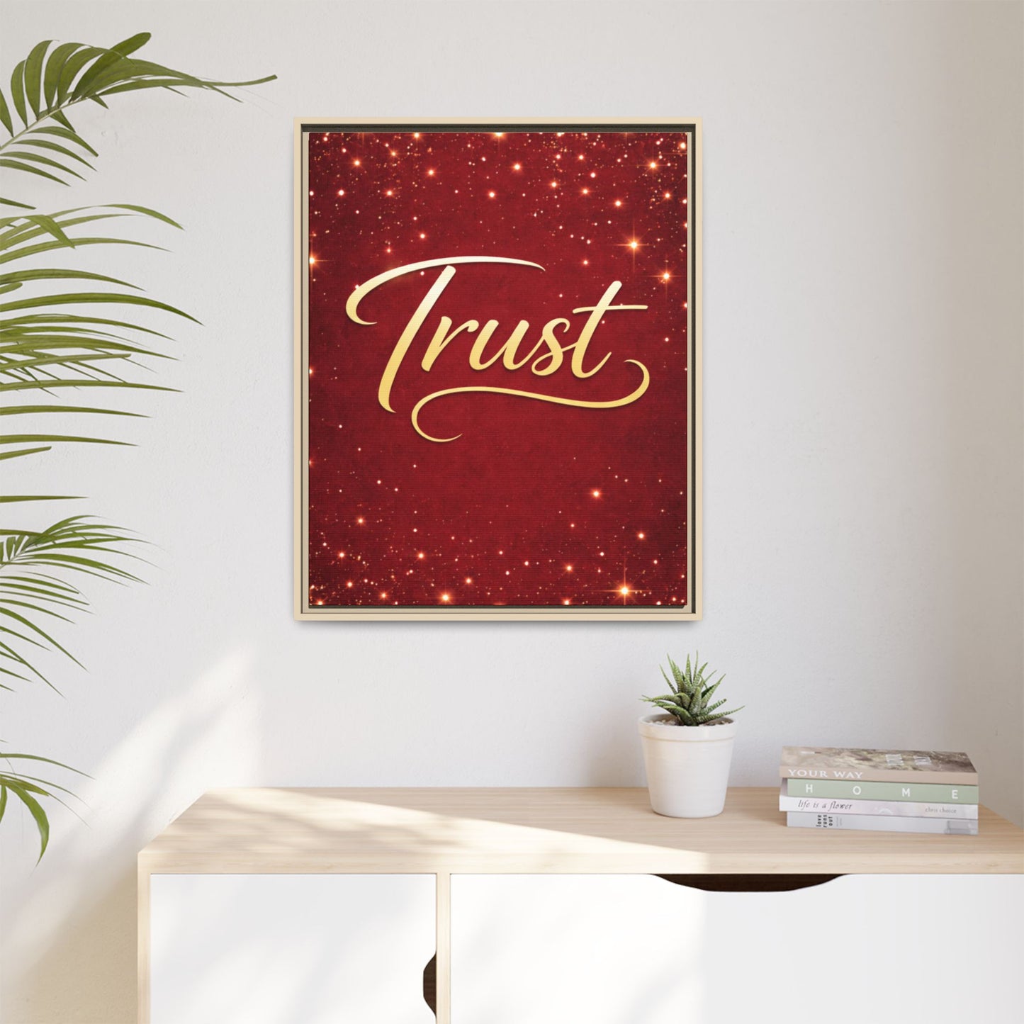 Trust Framed Canvas Wall Art — Gold Script on Sparkling Red Matte