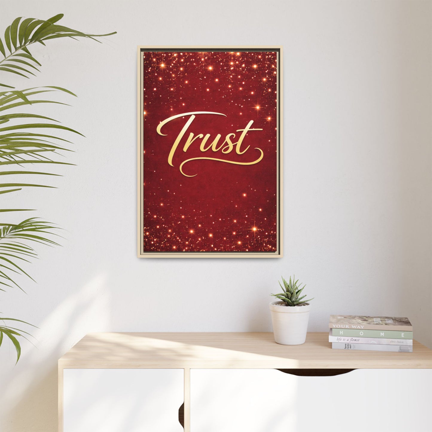 Trust Framed Canvas Wall Art — Gold Script on Sparkling Red Matte