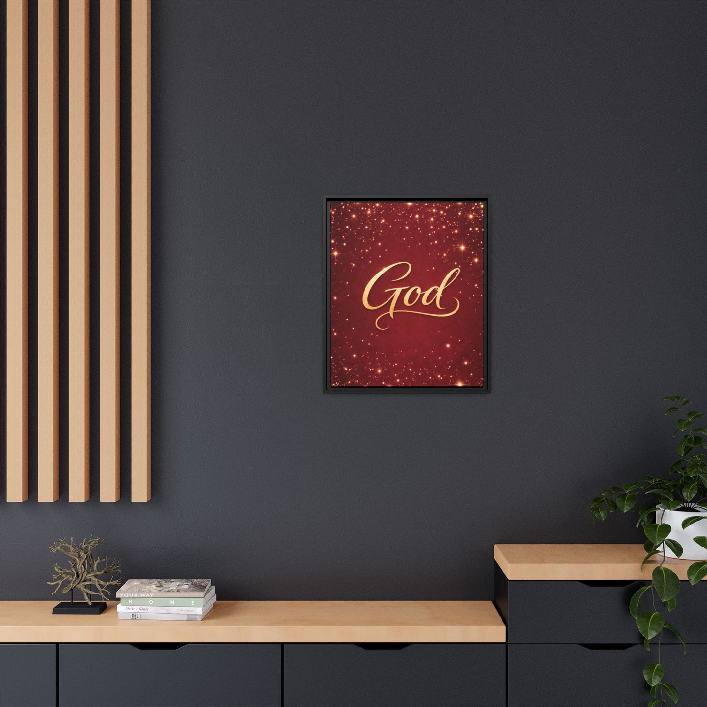Framed Canvas Wall Art - "God" Gold Script on Red Sparkle Background