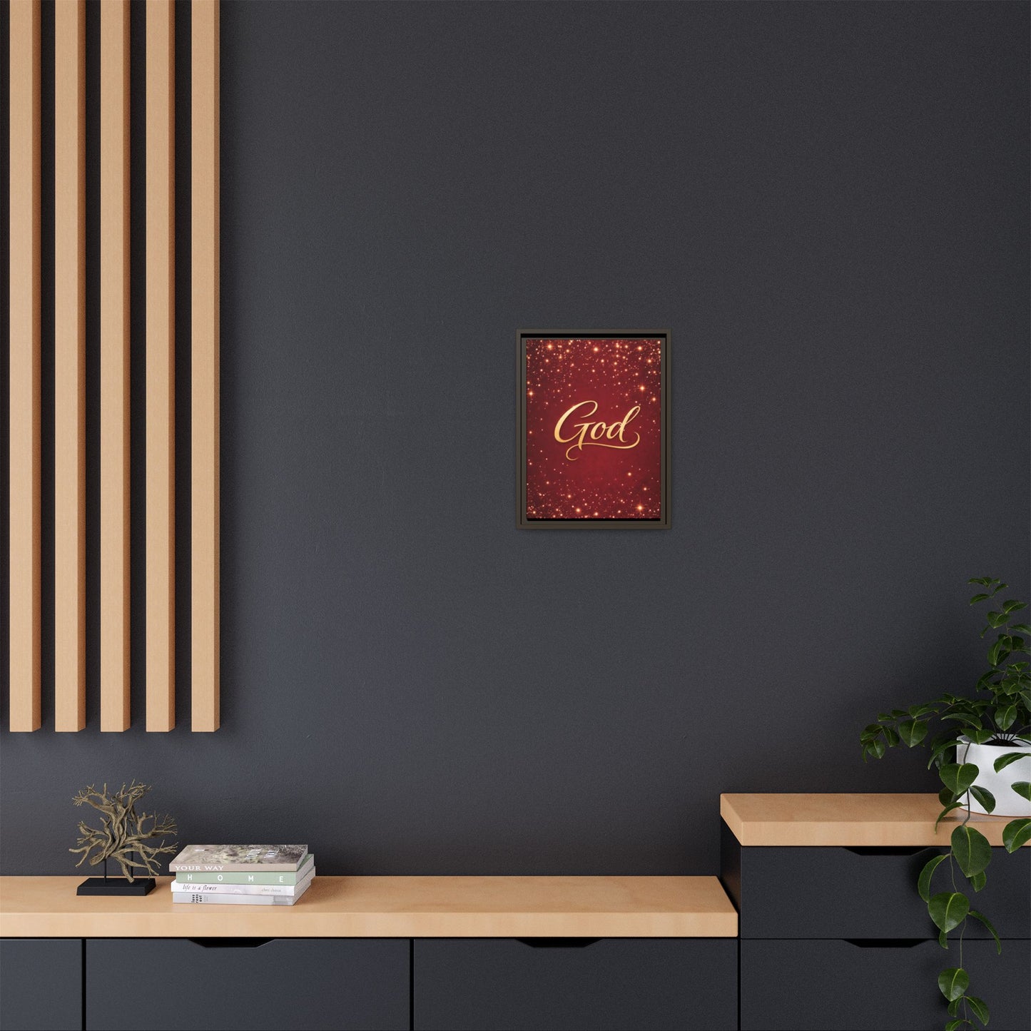 Framed Canvas Wall Art - "God" Gold Script on Red Sparkle Background