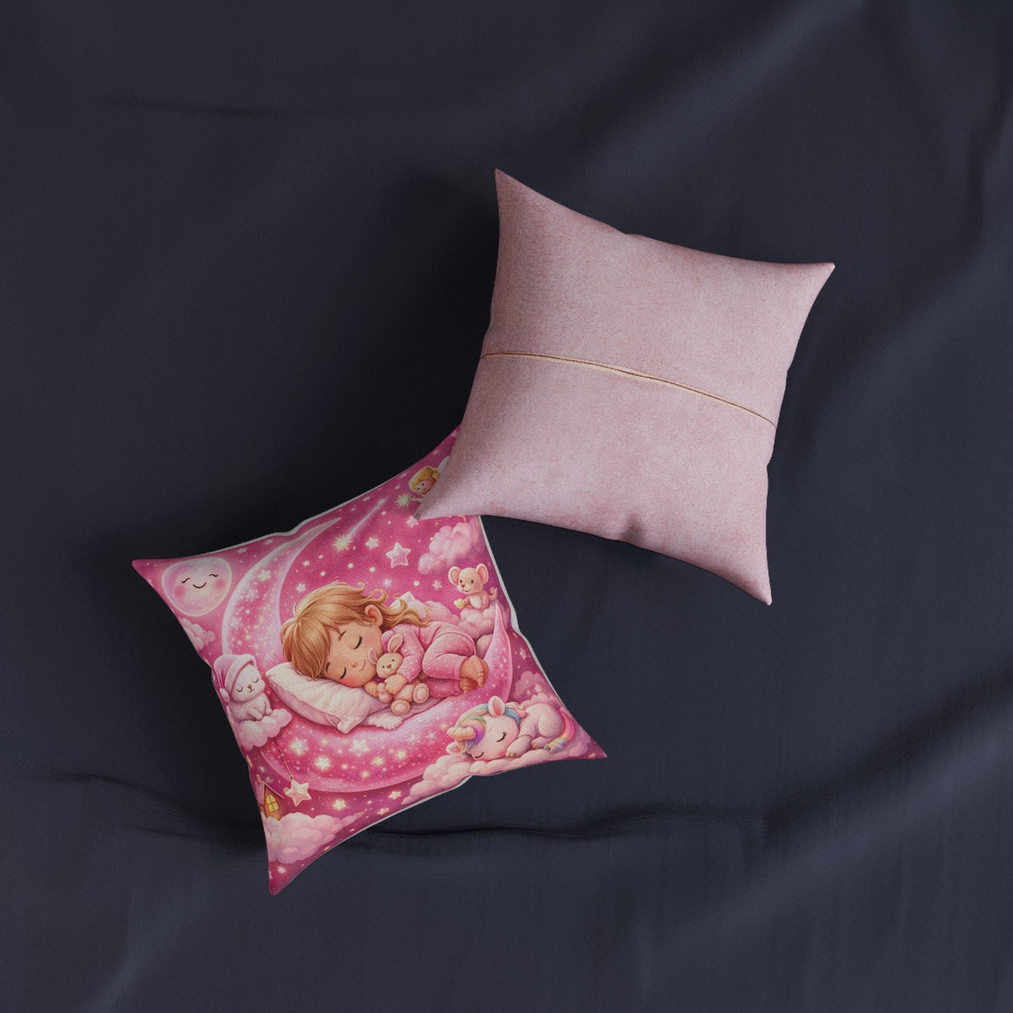 Sleeping Girl on Moon Pillow | Pink Nursery Decorative Pillow