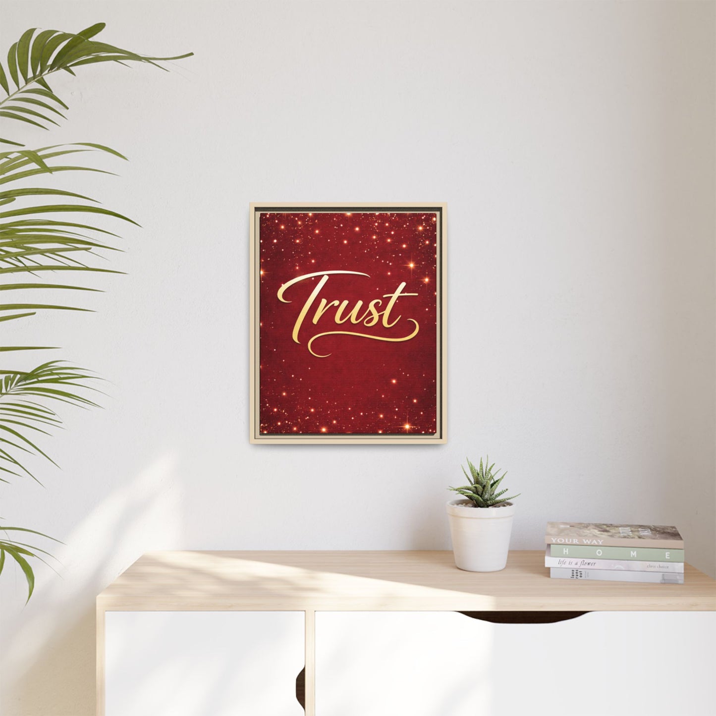 Trust Framed Canvas Wall Art — Gold Script on Sparkling Red Matte
