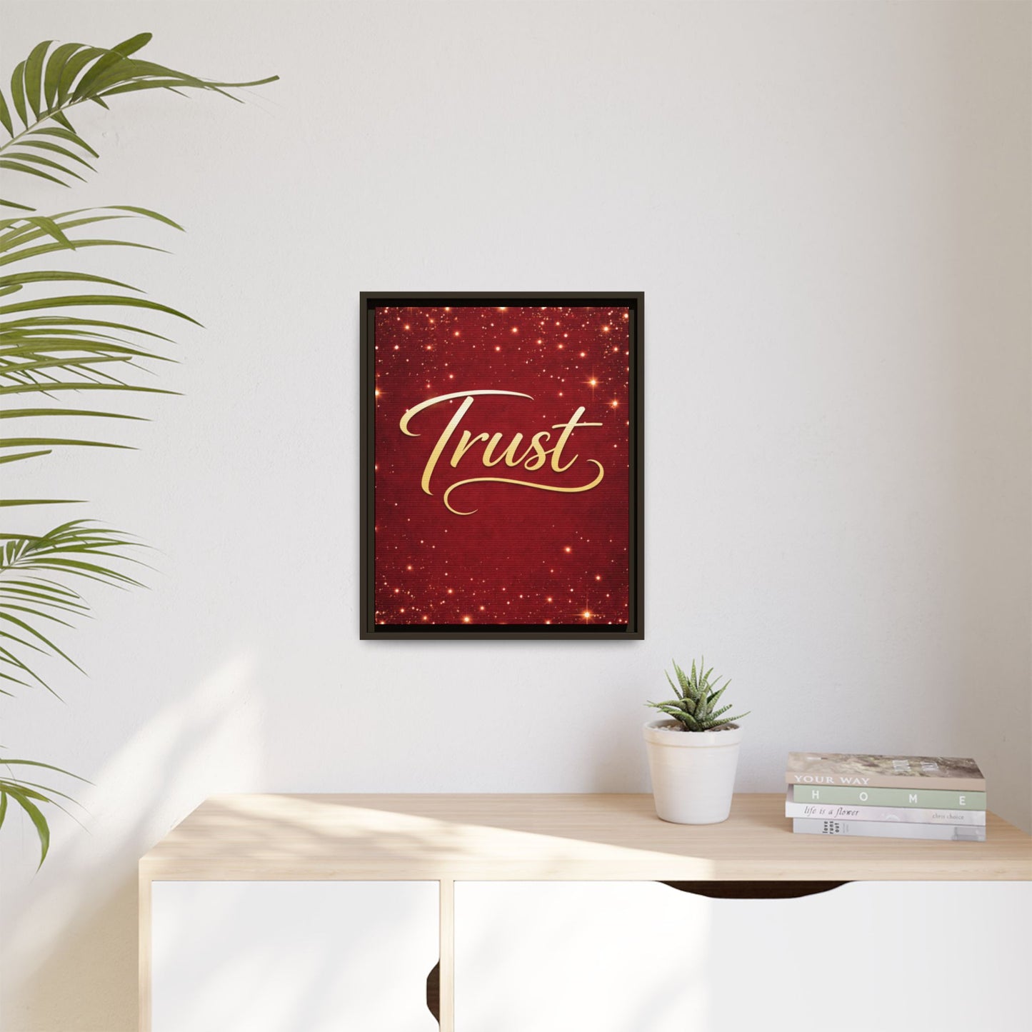 Trust Framed Canvas Wall Art — Gold Script on Sparkling Red Matte