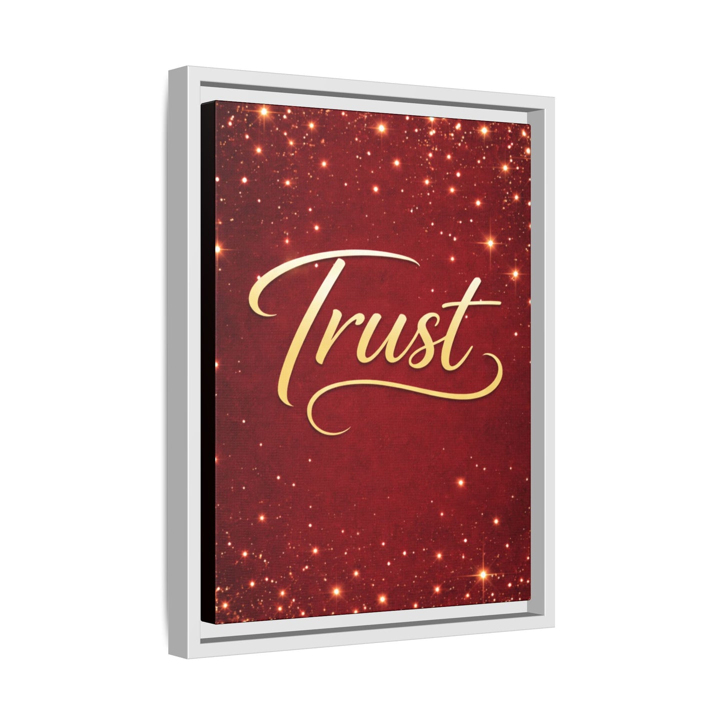 Trust Framed Canvas Wall Art — Gold Script on Sparkling Red Matte